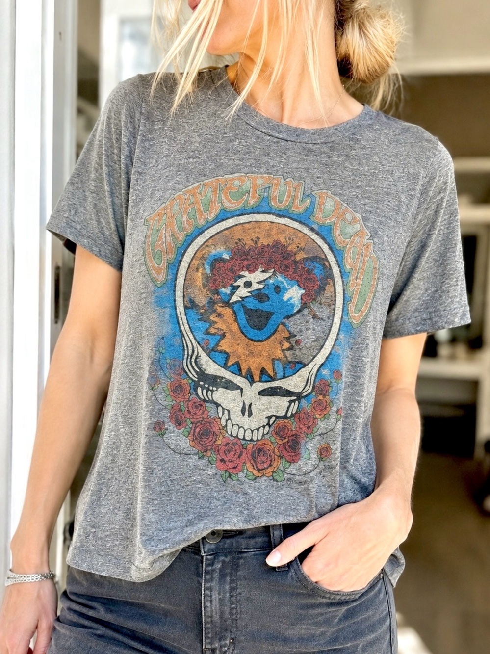 Lauren Moshi Grateful Dead Dancing Bear Graphic Tee Steal Your Face Gray Medium